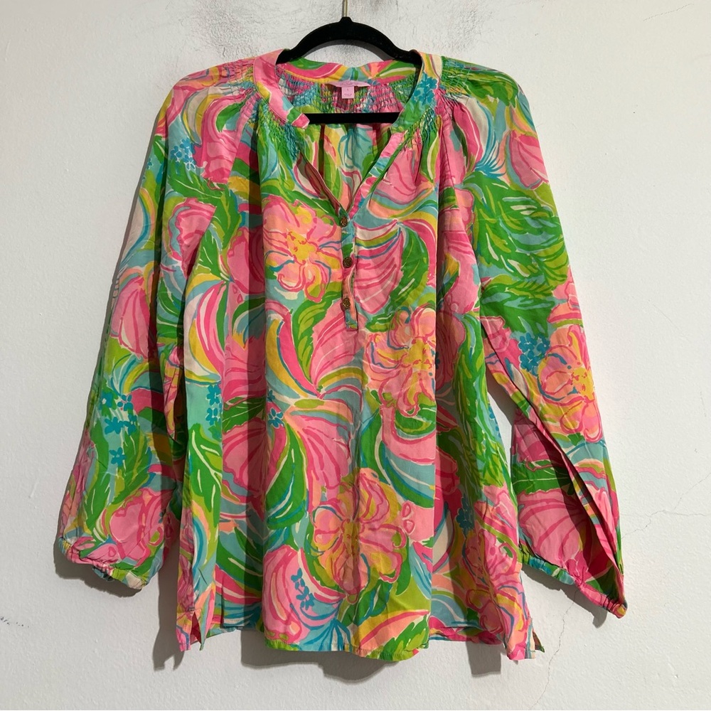 Lilly Pulitzer Elsa Silk Popover Top Elephant Print Large Vacation Resortwear
